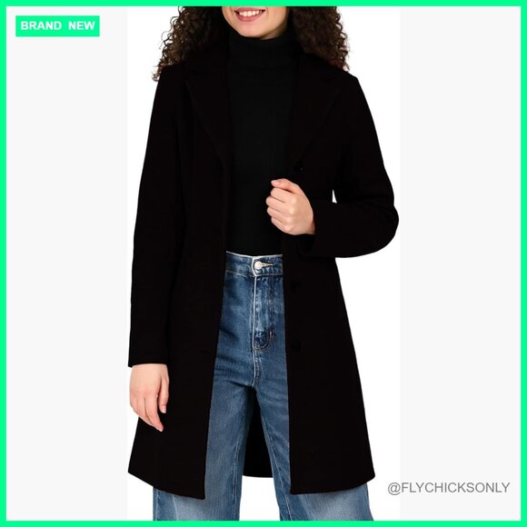 Polyester Wool Midi Coat with Satin Lining Button Front Notched Lapel